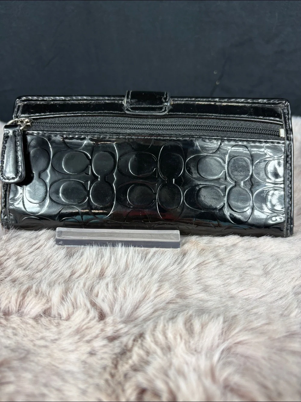 Coach Black Patent Leather Signature C Long Continental Wallet Heart Snap